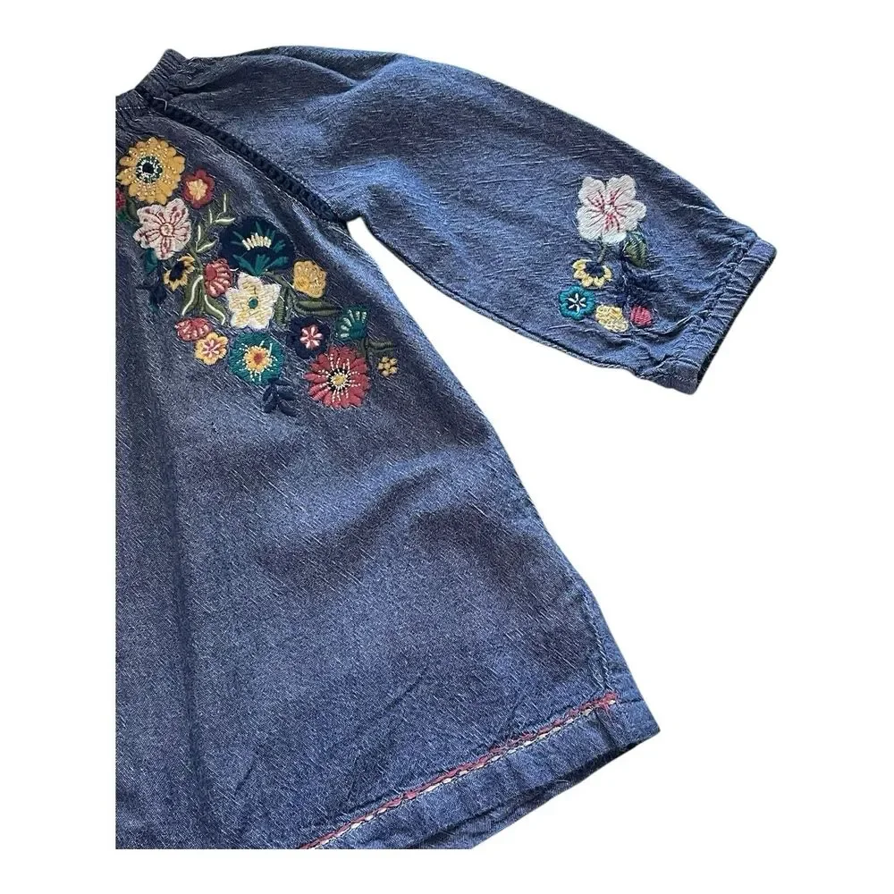 Mud Pie Baby Girls 9-12M Chambray Wildflower Floral Embroidered Dress